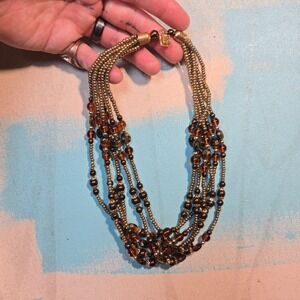 VTG Beaded Necklace Amber Brown Gold Multi Strand 18" Glass Boho‎ Jewelry Charm